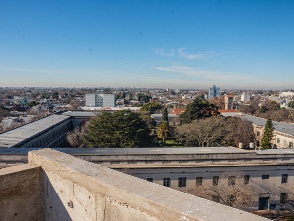 Vista desde D74 hacia la arboleda y los edificios institucionales del centro de La Plata